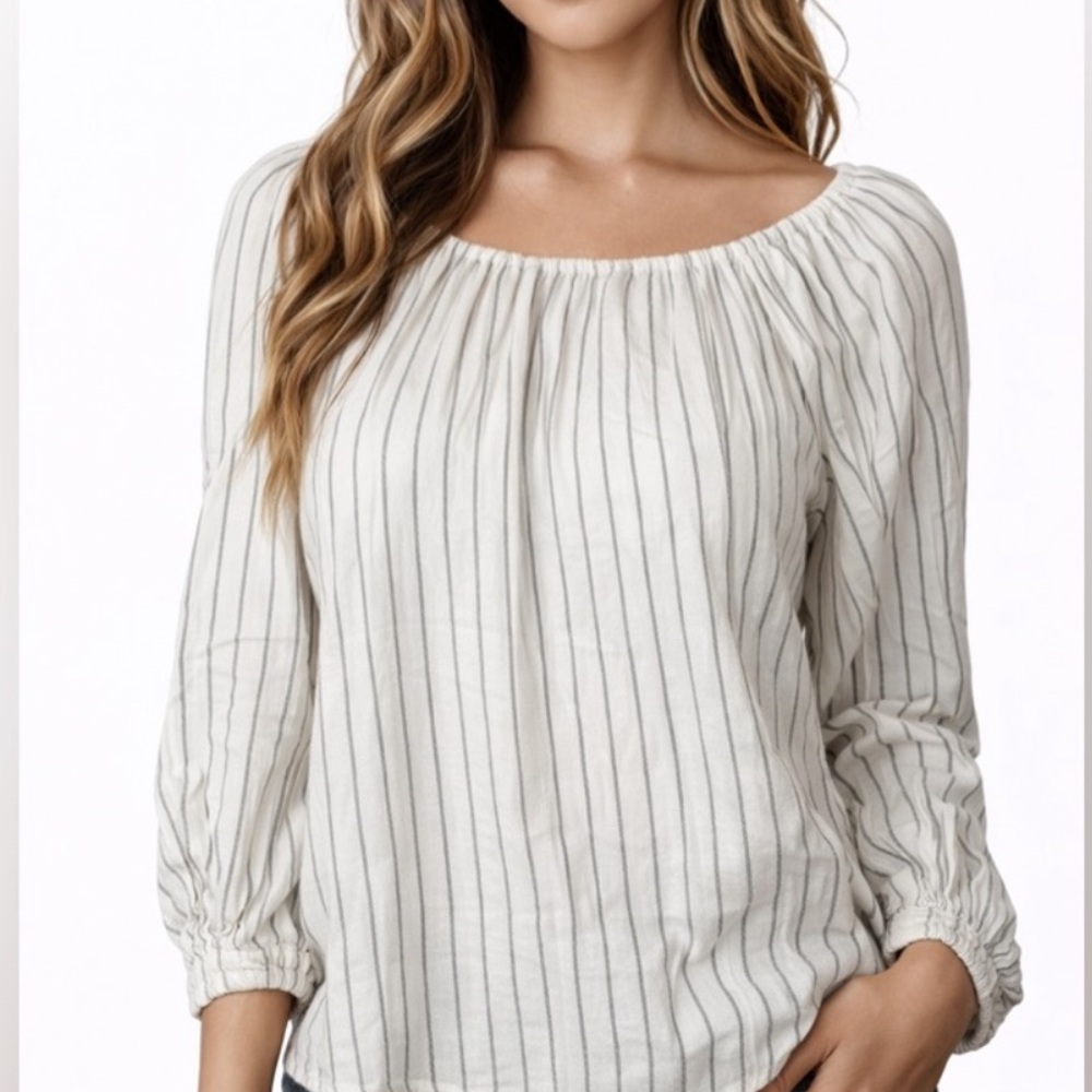 Ann Taylor Petite Women’s Striped Peasant‎ Blouse White Black Long Sleeve XSP